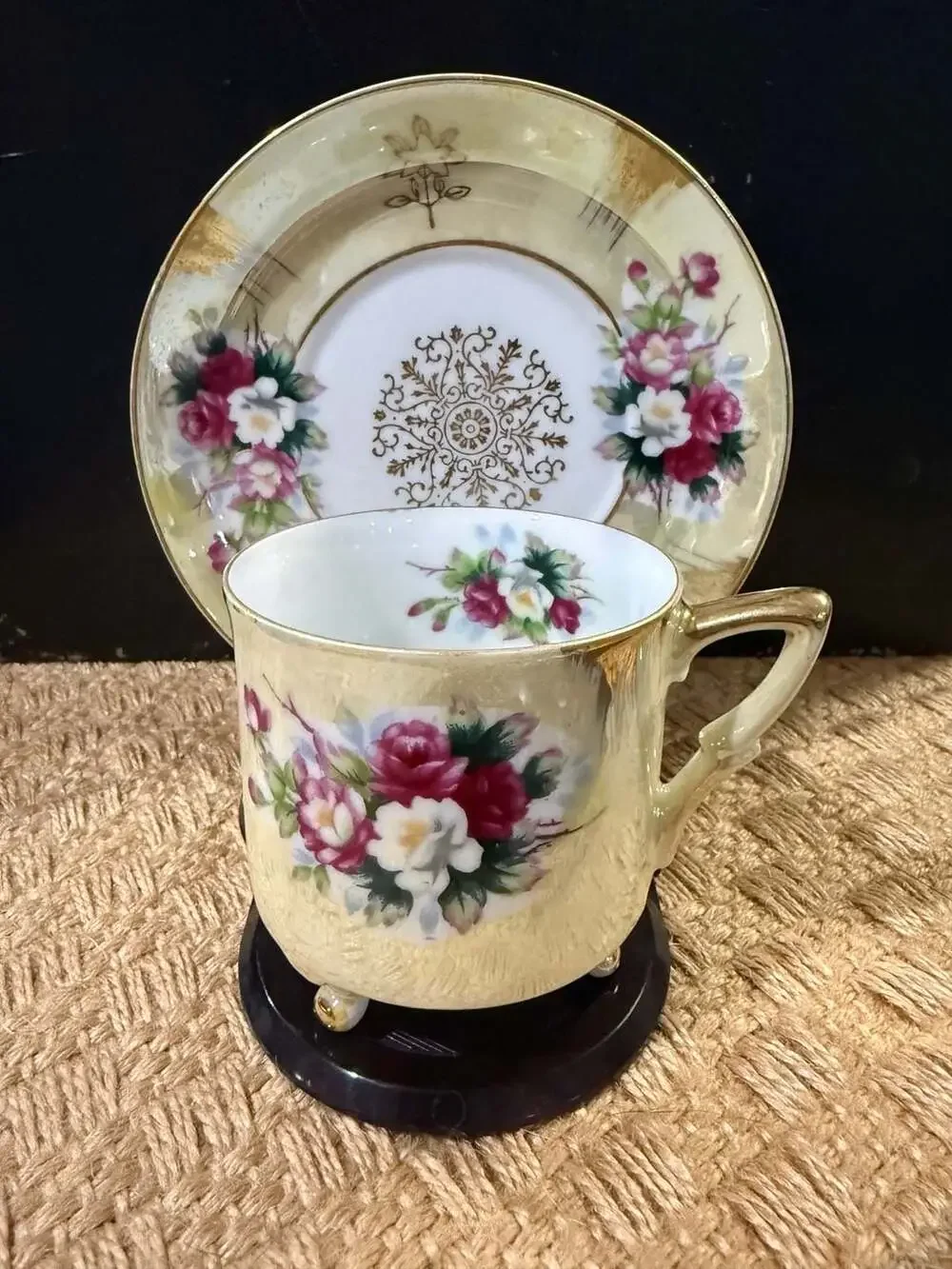 Vintage Royal Halsey Footed Demitasse Cup and Saucer with Gold Luster and Roses